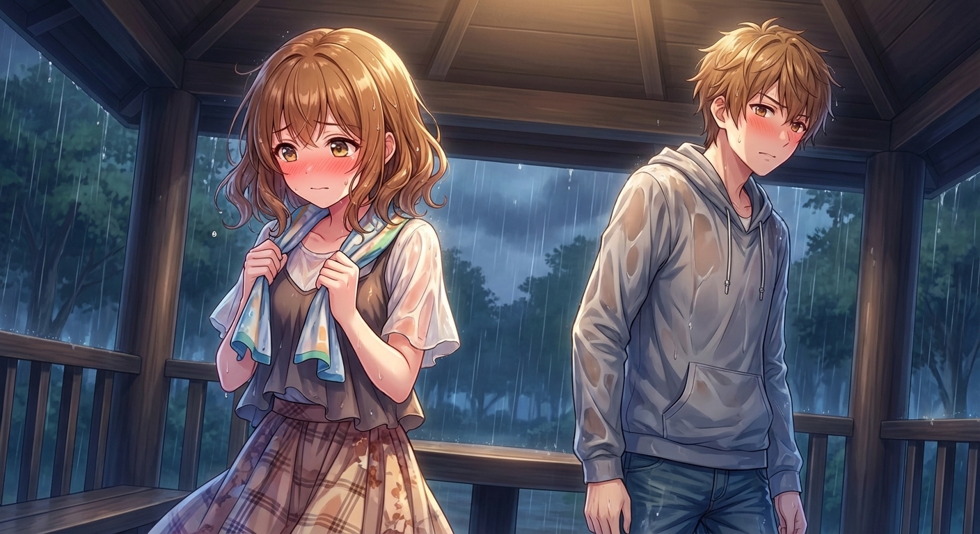 夕立で濡れた公園の東屋で、結衣が赤面して胸元を隠し、拓海も照れて慌てて視線を逸らす、感情が大きく動くターニングポイント