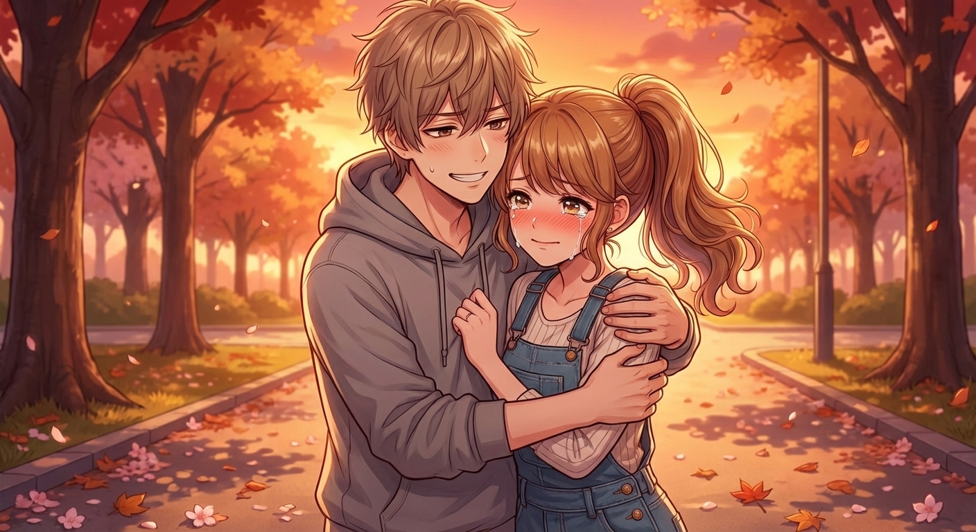 夕暮れの公園で、告白された結衣が涙目で照れながら拓海の袖を握り、拓海が彼女を力強く抱きしめる感動的なクライマックス