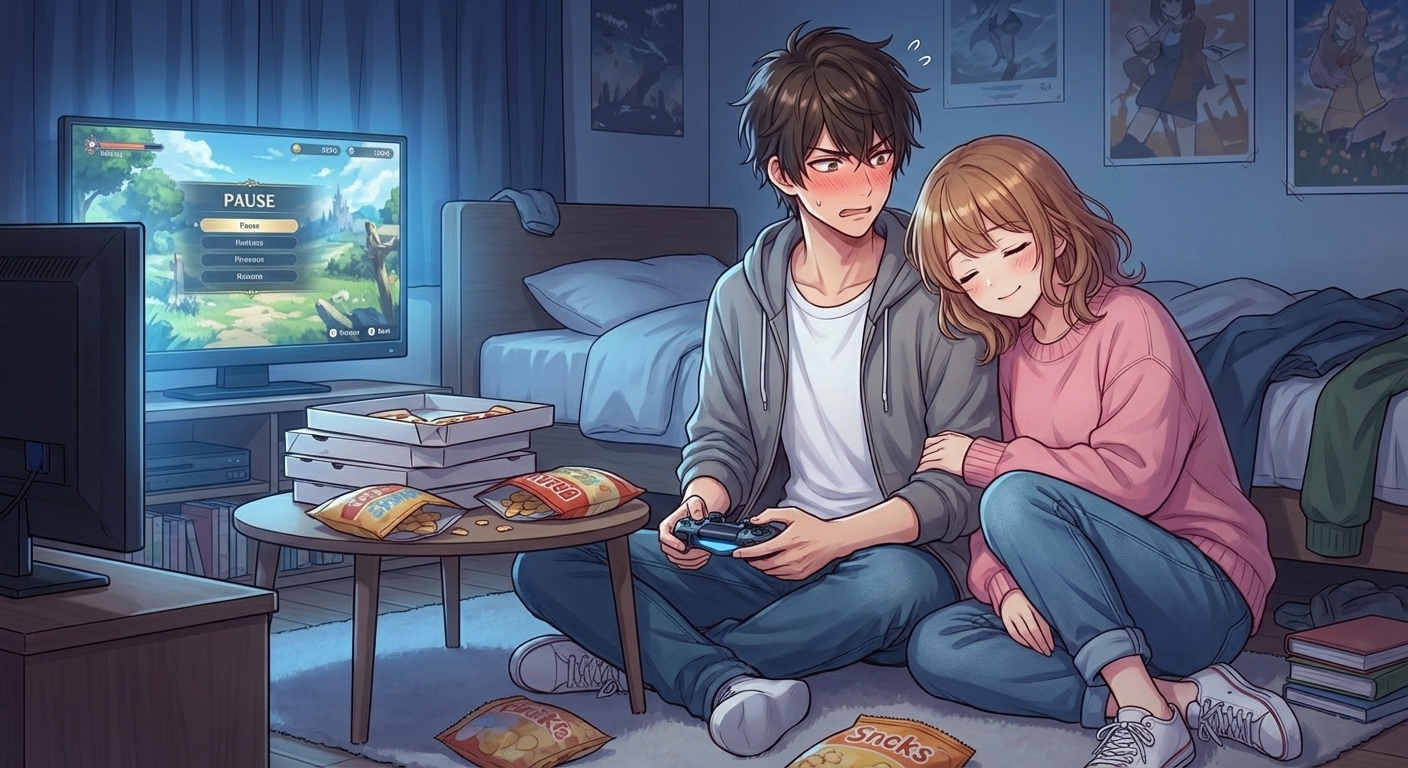 深夜のゲーム合宿中、ヒロインが主人公の肩に頭を預けて眠ってしまい、主人公が戸惑いながらもドキッとするシーン