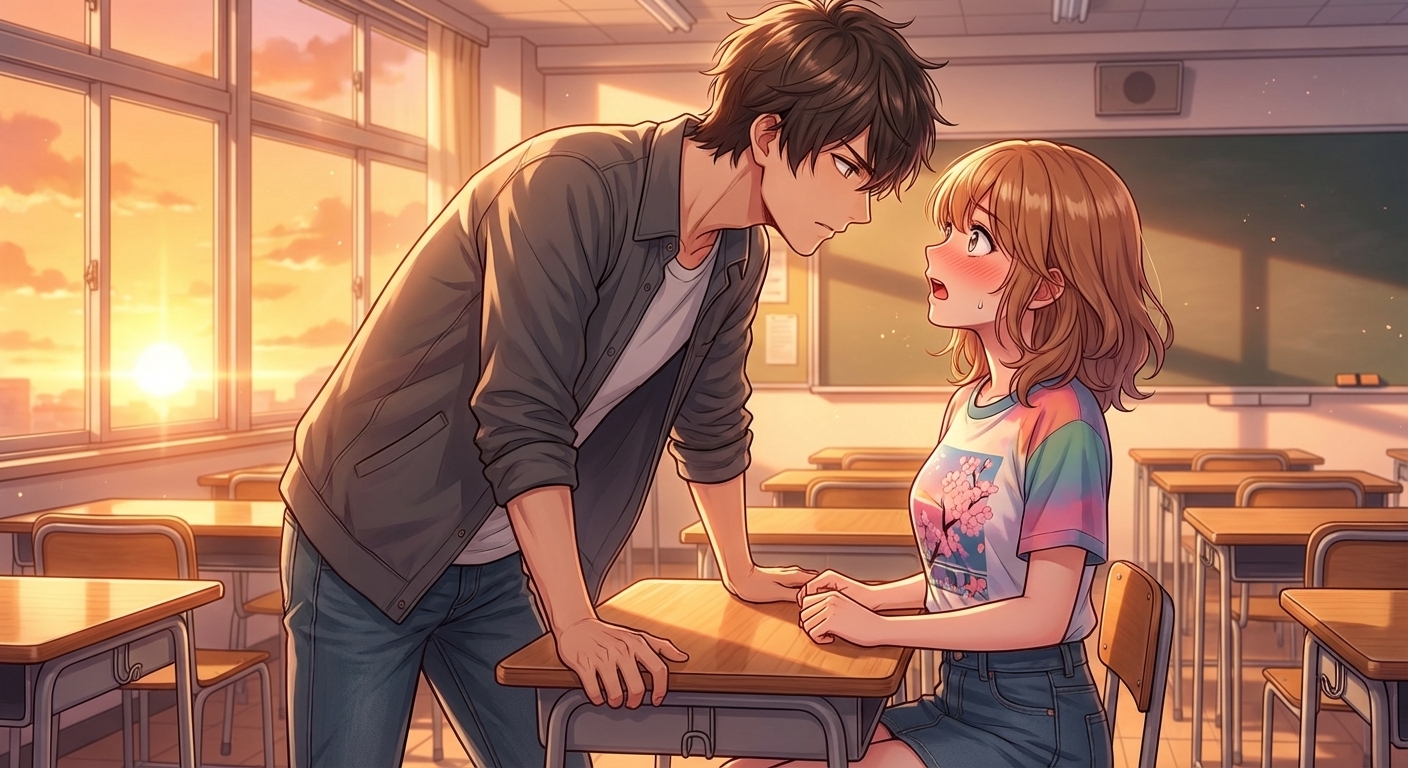 夕暮れの教室で、主人公がヒロインの机に両手をついて至近距離で見つめ合い、真っ直ぐに想いを告白するシーン