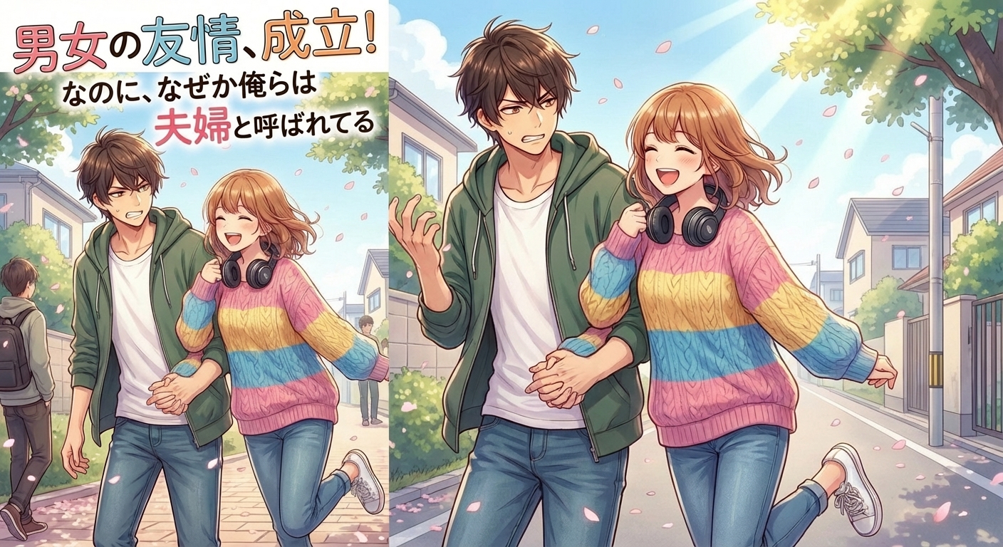 付き合い始めた二人が、朝の通学路で恋人繋ぎをしながらいつものように笑い合って登校するシーン