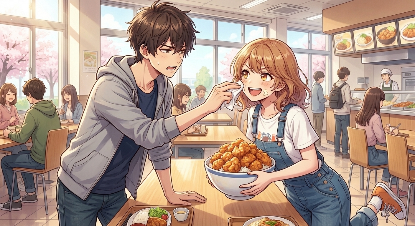 学食で、悠人が結衣の口元についたマヨネーズを紙ナプキンで呆れながらも優しく拭き取ってあげるシーン