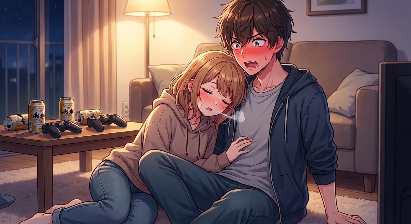 深夜のアパートで、酔い潰れた結衣が無防備に悠人の胸元に寄りかかり、悠人が激しく動揺しているシーン