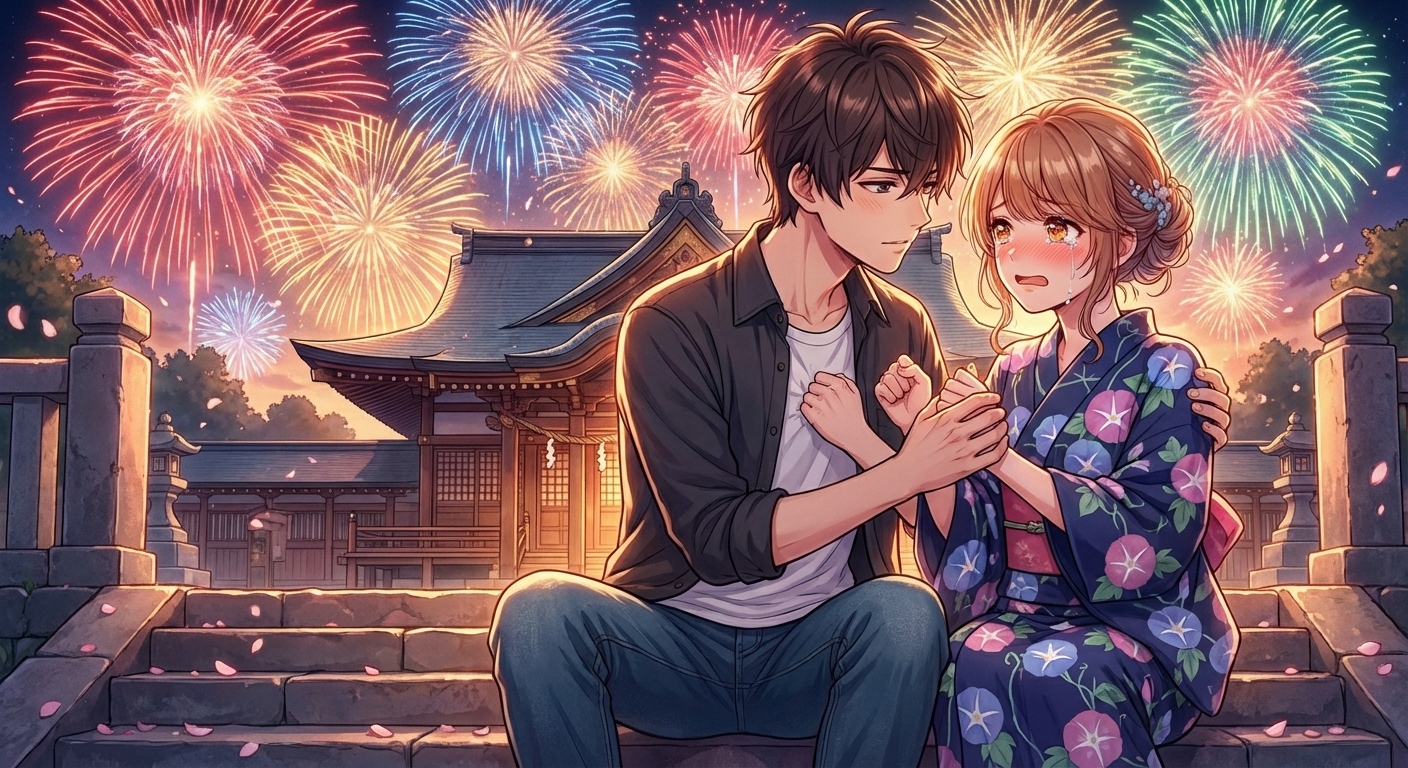 花火が上がる神社の石段で、告白の直後、涙ぐんだ結衣が悠人の胸を叩き、悠人が彼女を抱きしめようとするシーン