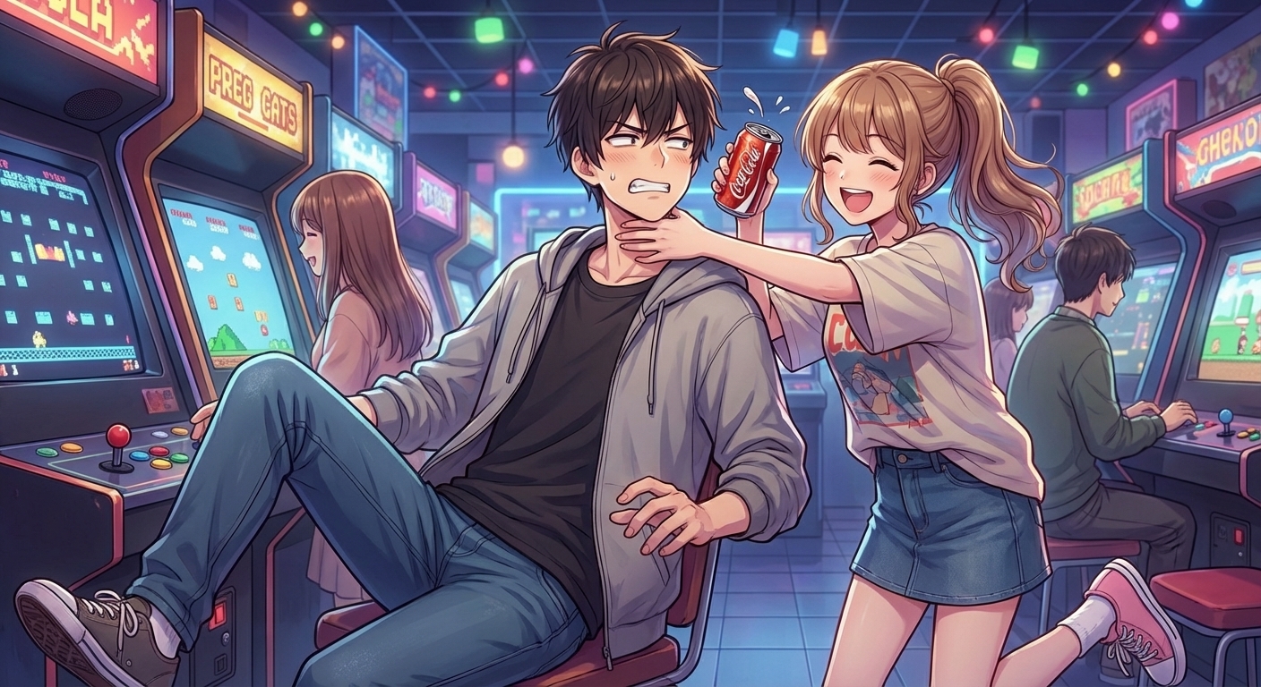 ゲーセンで負けた結衣が、飲みかけのコーラを拓斗の顔に無理やり押し付けて笑い合うシーン