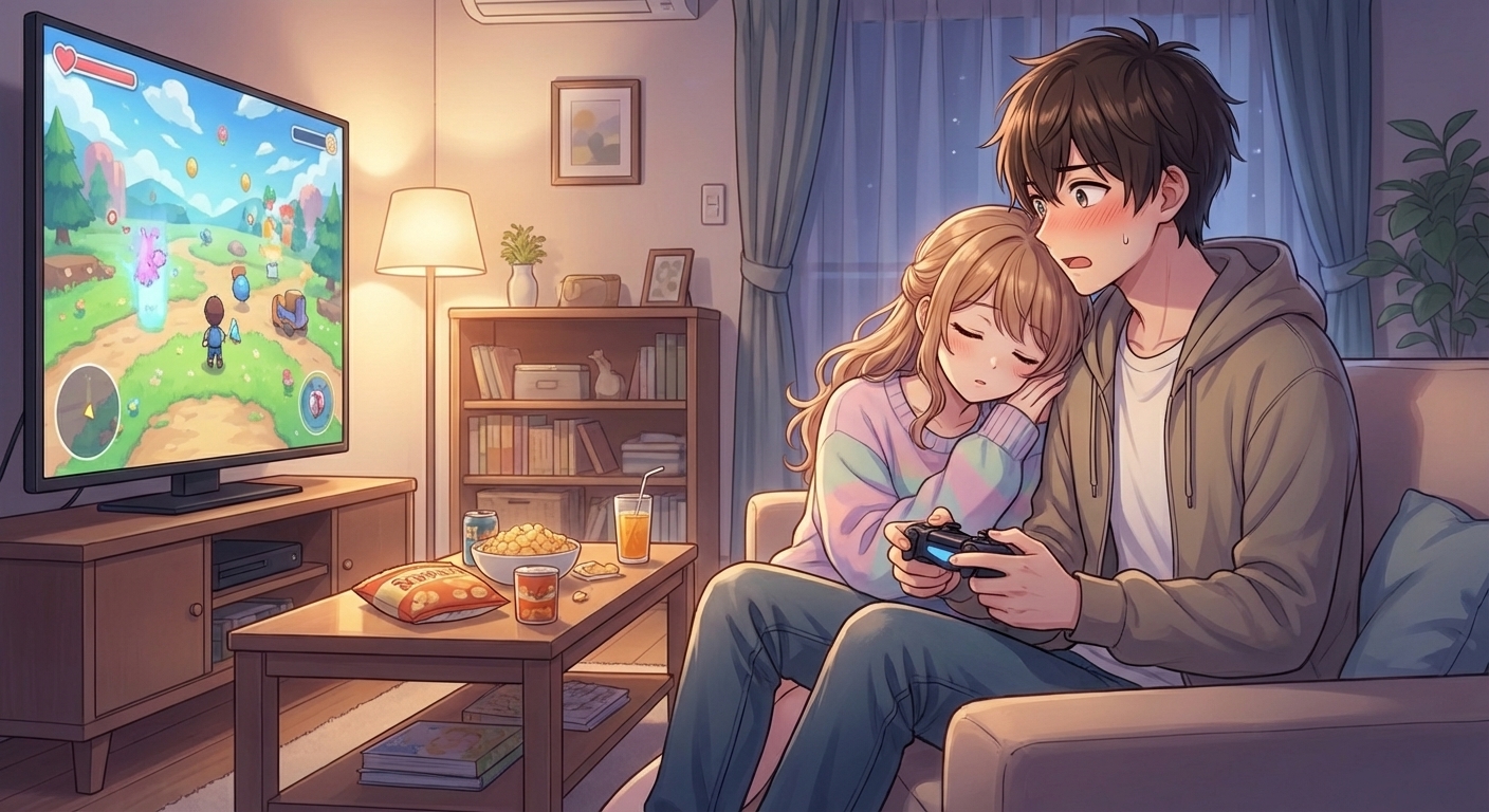 お泊まりの深夜、ゲーム中に拓斗の肩によりかかって眠ってしまった結衣と、それにドキッとする拓斗のシーン