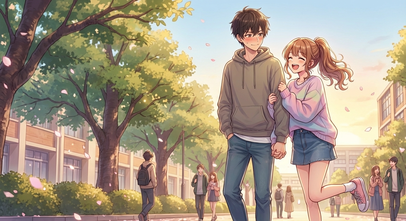 恋人同士になった二人が、夕暮れの帰り道で「恋人つなぎ」をしながら笑顔でからかい合うシーン