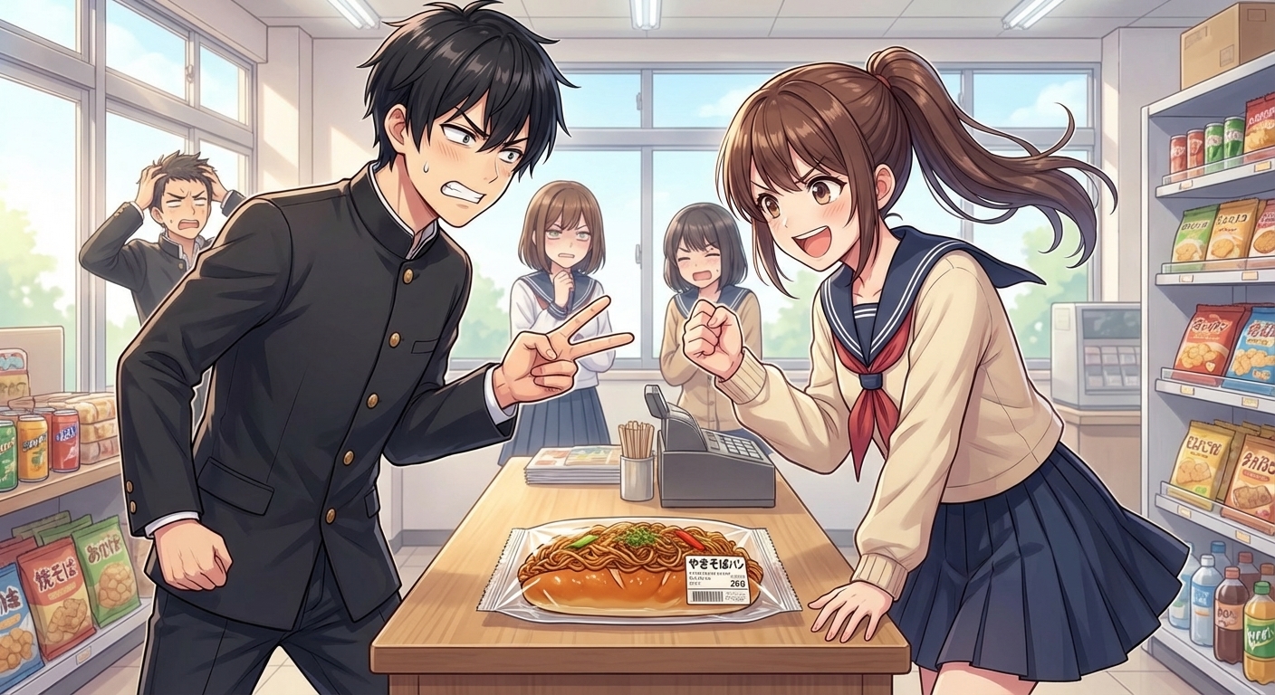 購買部で最後の焼きそばパンを懸けて、真剣な表情でじゃんけんをするシーン