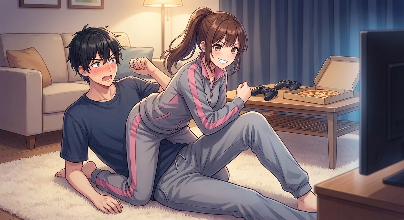 リビングでゲームの罰ゲーム中にふざけ合い、海が陸の上に馬乗りになって得意げに笑うシーン