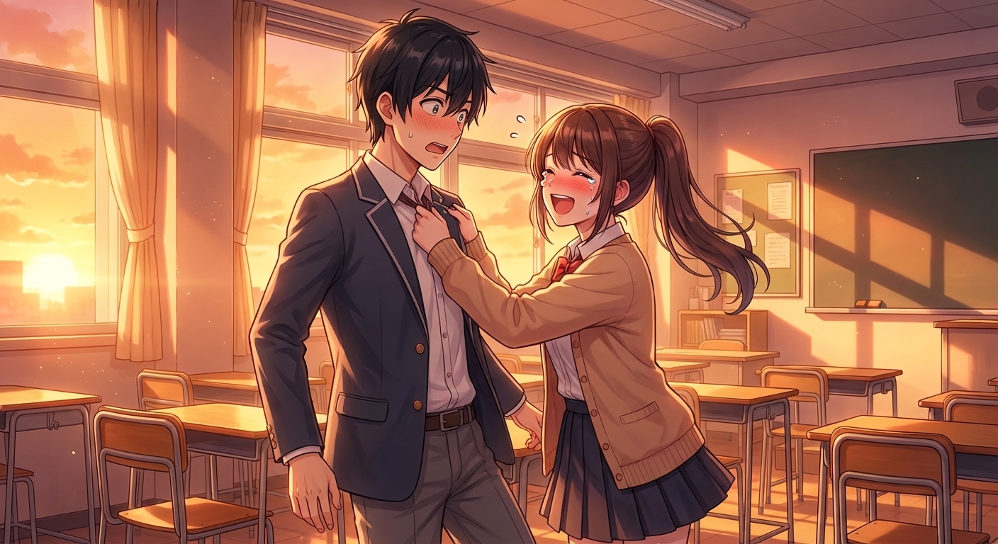 夕暮れの教室で告白後、海が照れ隠しに笑いながら陸の胸ぐらを掴んで引き寄せるシーン