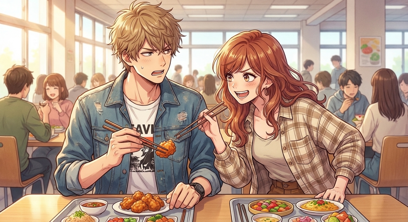 学食で結衣が拓也の唐揚げを奪おうとする、日常の漫才のような昼食シーン