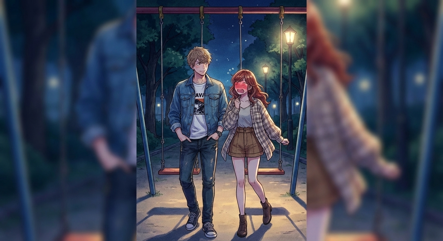 夜の公園のブランコ前で、両思いだと判明した直後、結衣が照れ隠しに拓也の胸を軽く叩くシーン