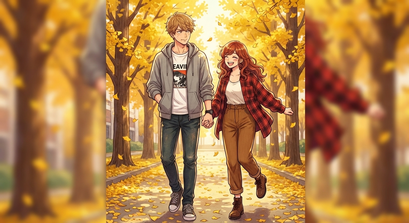 秋のイチョウ並木の下で、恋人同士になった二人が手を繋ぎながら笑顔で歩くシーン