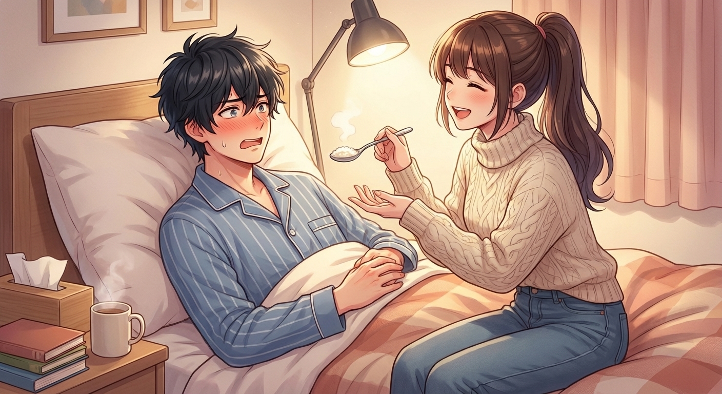 風邪で寝込む拓海に、結衣が強引に雑炊を「あーん」と食べさせる看病のシーン