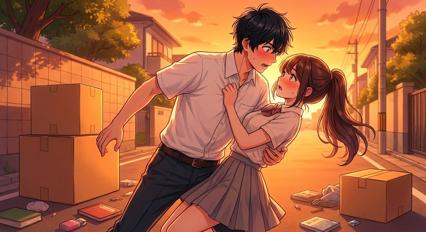 文化祭の買い出しの帰り道、段ボールを抱えて倒れ込んできた結衣を拓海が抱きとめ、互いにドキッとする夕暮れのシーン