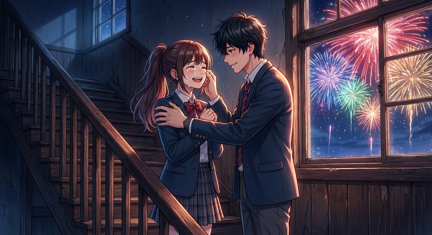 後夜祭の花火が打ち上がる中、旧校舎の屋上への階段で互いの想いを伝え合い、涙ぐむ結衣の涙を拓海が拭う告白シーン