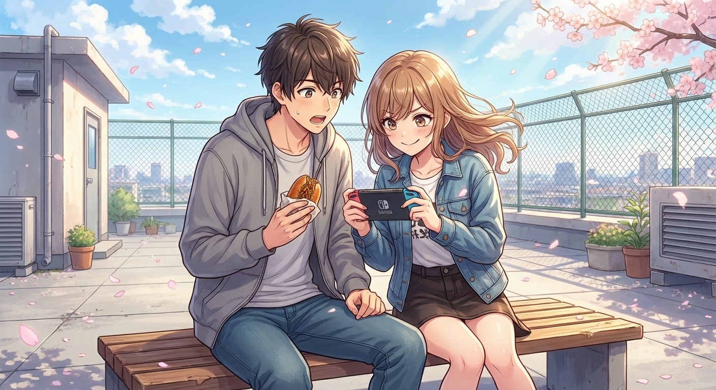 屋上で出会った二人が、焼きそばパンを分け合いながらゲームで盛り上がるシーン