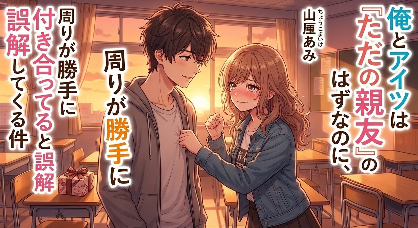 放課後の教室で、告白された凛が感極まって泣き笑いしながら悠の胸を叩くシーン