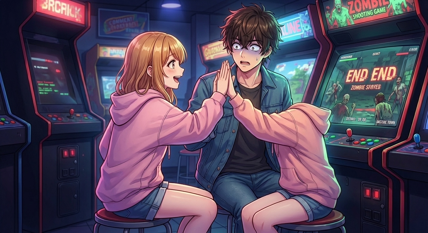 ゲーセンでの激闘の末、ハイタッチを交わした瞬間、主人公が相棒の正体が可愛い美少女であることに気づいて驚くシーン