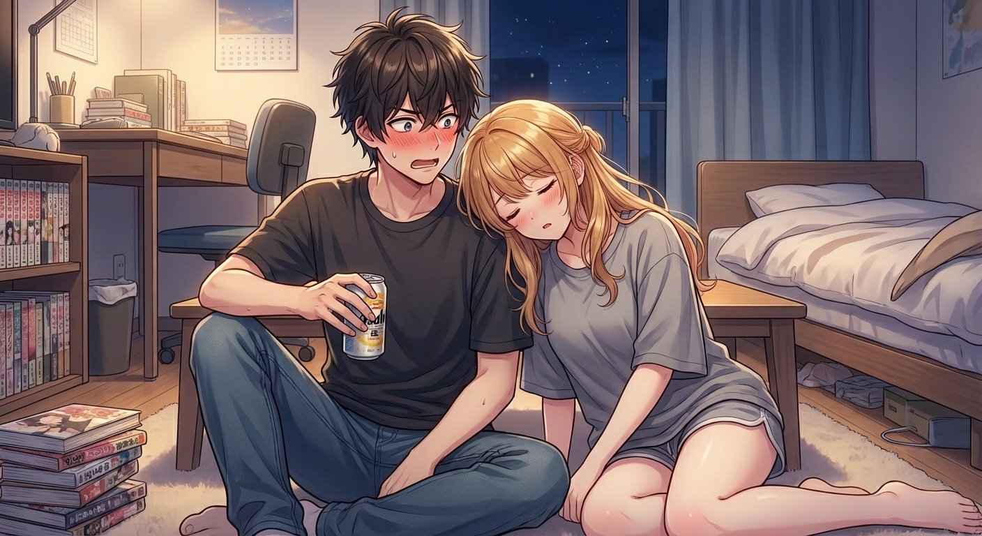 終電を逃して主人公の部屋に泊まることになった結衣が、風呂上がりに彼シャツ姿で主人公の肩にもたれかかって眠ってしまうシーン