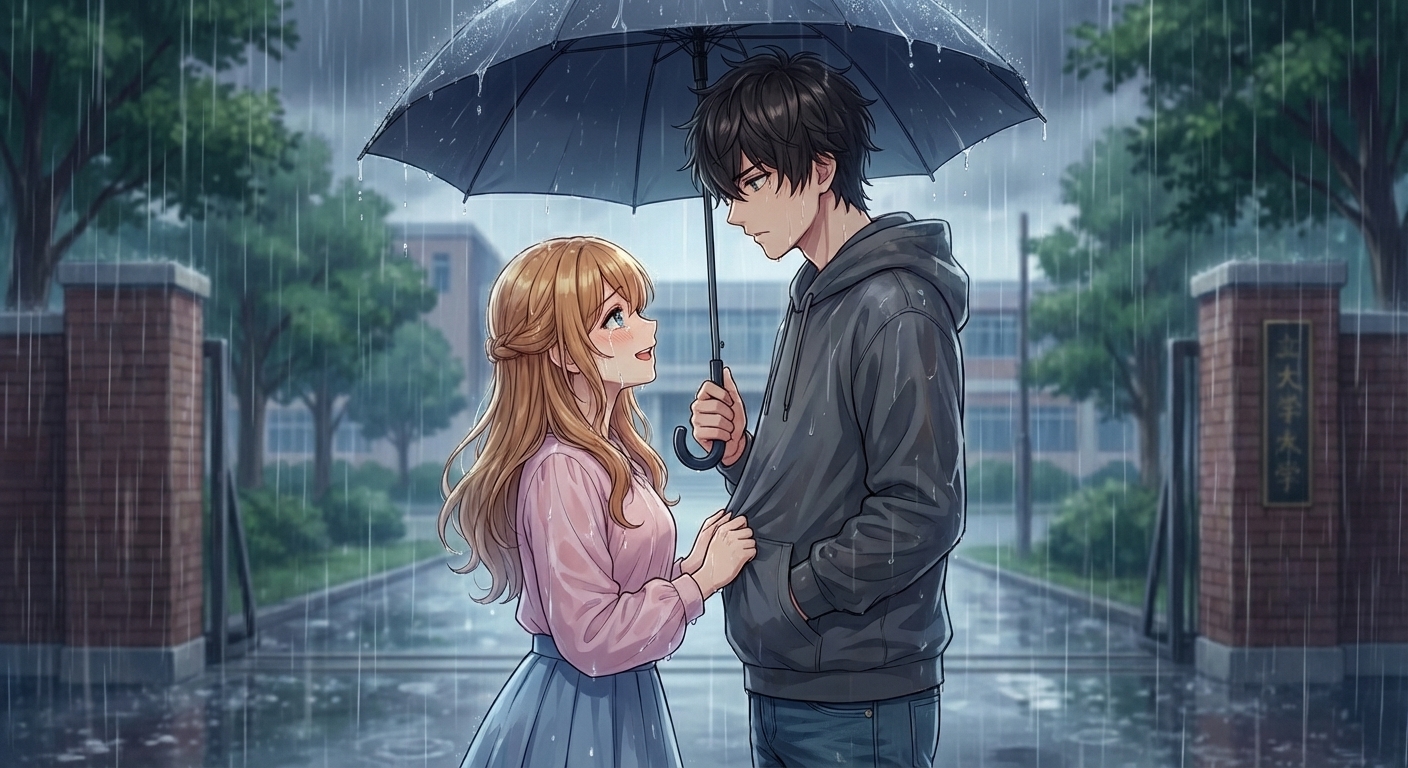 土砂降りの雨の中、一つの傘の下で二人が見つめ合い、結衣が涙を流しながらお互いの本当の気持ちを確かめ合うシーン