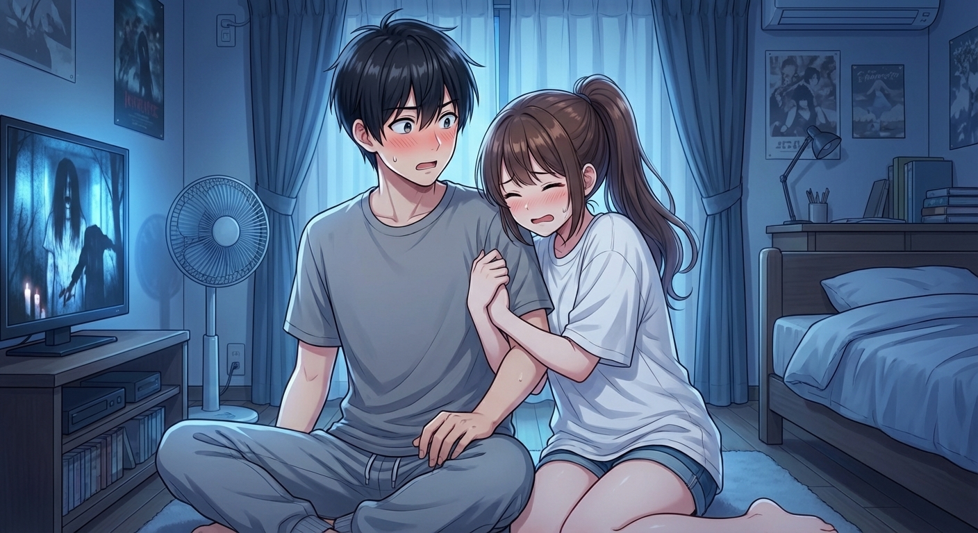 夏休みに結弦の部屋でホラー映画を見ていて、怖がった凛が結弦の腕に強く抱きついているシーン。