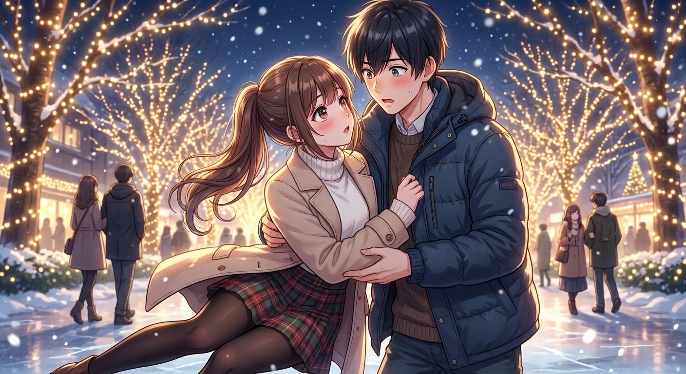 クリスマスイブの夜、雪が降るイルミネーションの下で凛が滑り、結弦に抱き止められて至近距離で見つめ合うシーン。