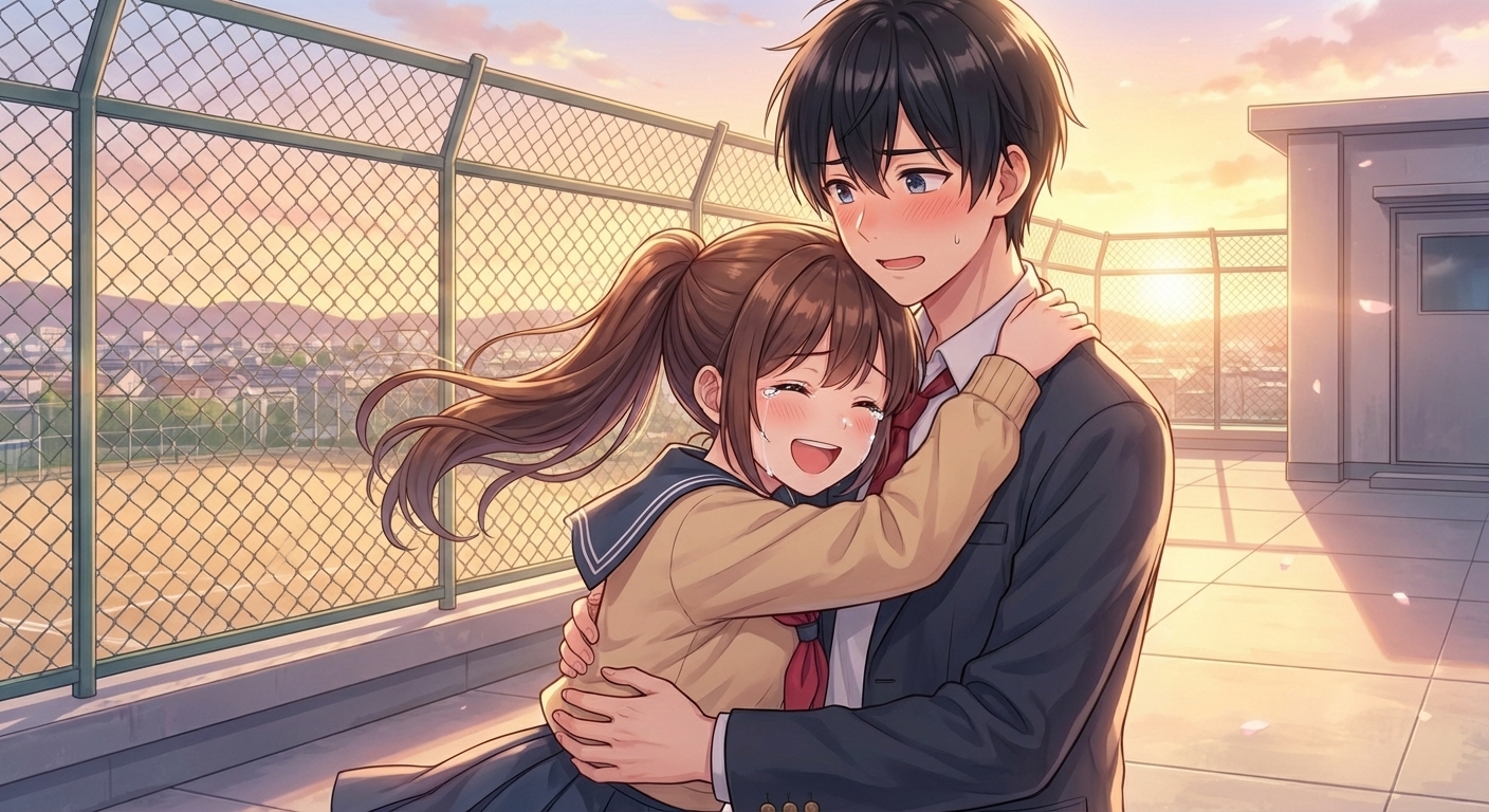 卒業式前日の放課後、学校の屋上で告白が成功し、凛が泣き笑いしながら結弦の胸に飛び込んでいるシーン。