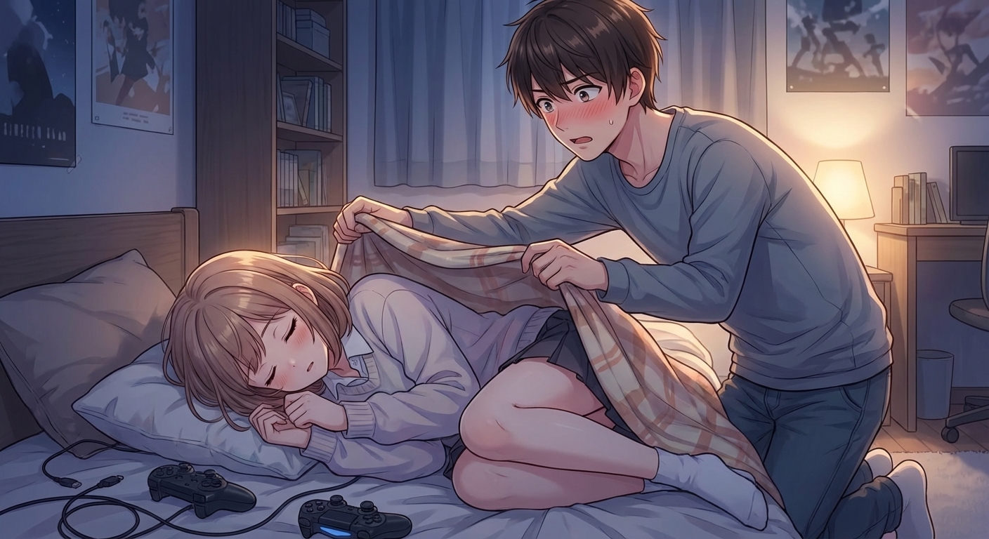 深夜のゲーム合宿中、ベッドで無防備に寝落ちした結衣に、湊がドキッとしながらタオルケットを掛けるシーン