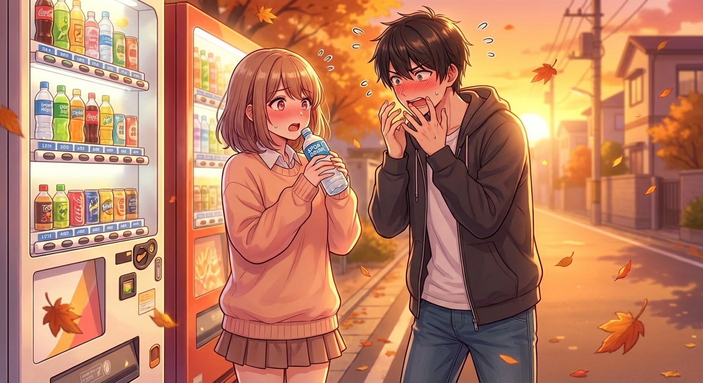 夕焼けの帰り道、結衣が湊のスポーツドリンクを飲み、間接キスに気づいて二人が激しく赤面するシーン