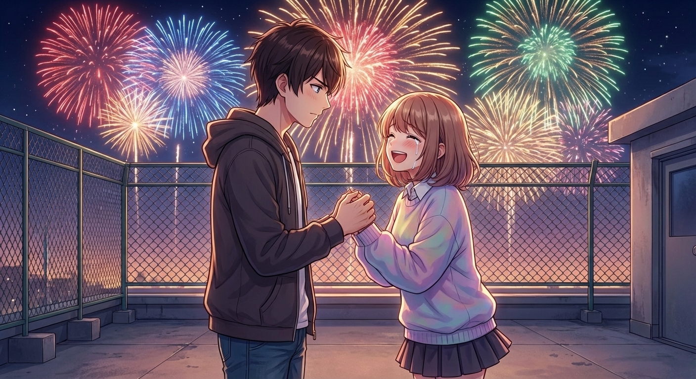 後夜祭の屋上で、打ち上げ花火を背景に湊が結衣の手を強く握って告白し、結衣が涙ぐみながら満面の笑みを浮かべるシーン