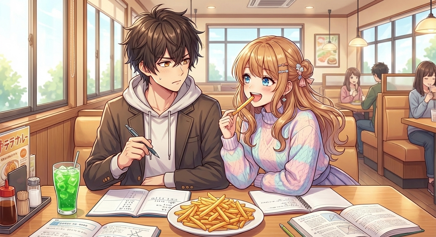 ファミレスで勉強中、結愛が朔のフライドポテトを横取りするシーン