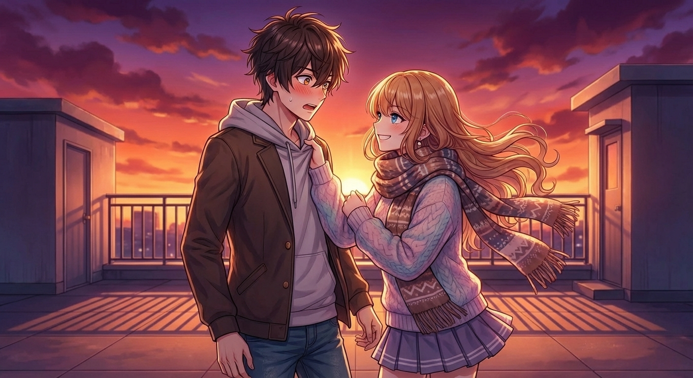 冬の放課後の屋上で、結愛が朔の胸ぐらを軽く掴み、強気な笑顔で交際を承諾するシーン