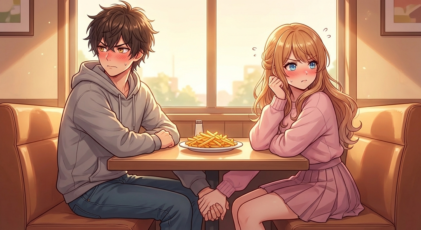 ファミレスのテーブルの下で、照れ隠ししながらこっそりと手を繋ぎ合う二人のシーン