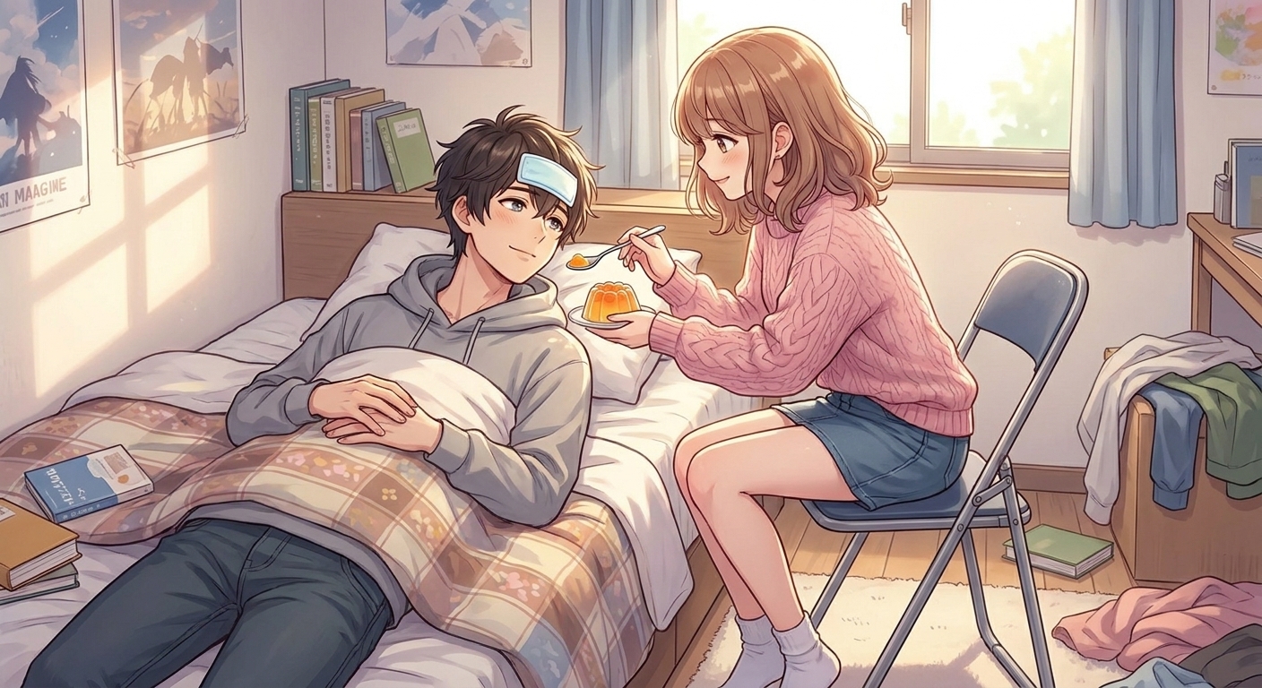 風邪で寝込む湊の口に、結愛がゼリーを運んで看病するシーン