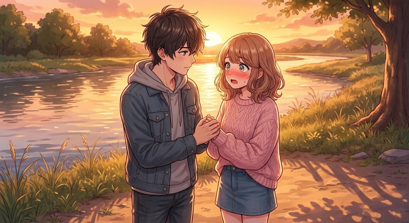 夕暮れの河川敷で、湊が結愛の手を握り真剣に告白するシーン