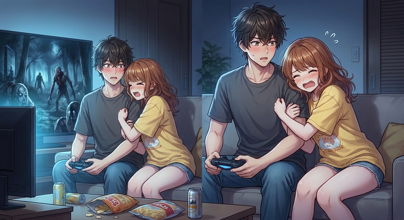 ホラーゲームで驚いた結愛が悠真の腕に全力でしがみつくシーン