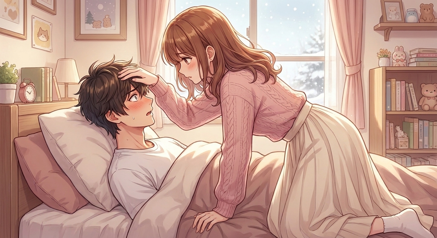 風邪を引いた悠真のおでこに結愛が手を当て、顔が急接近するシーン