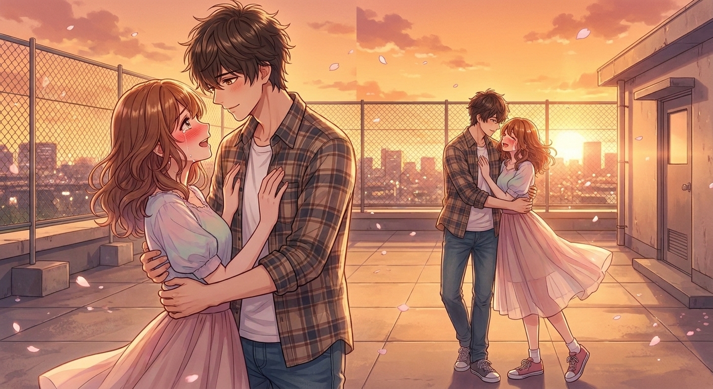 夕暮れの屋上で、お互いの気持ちを確かめ合い優しく抱きしめ合うシーン