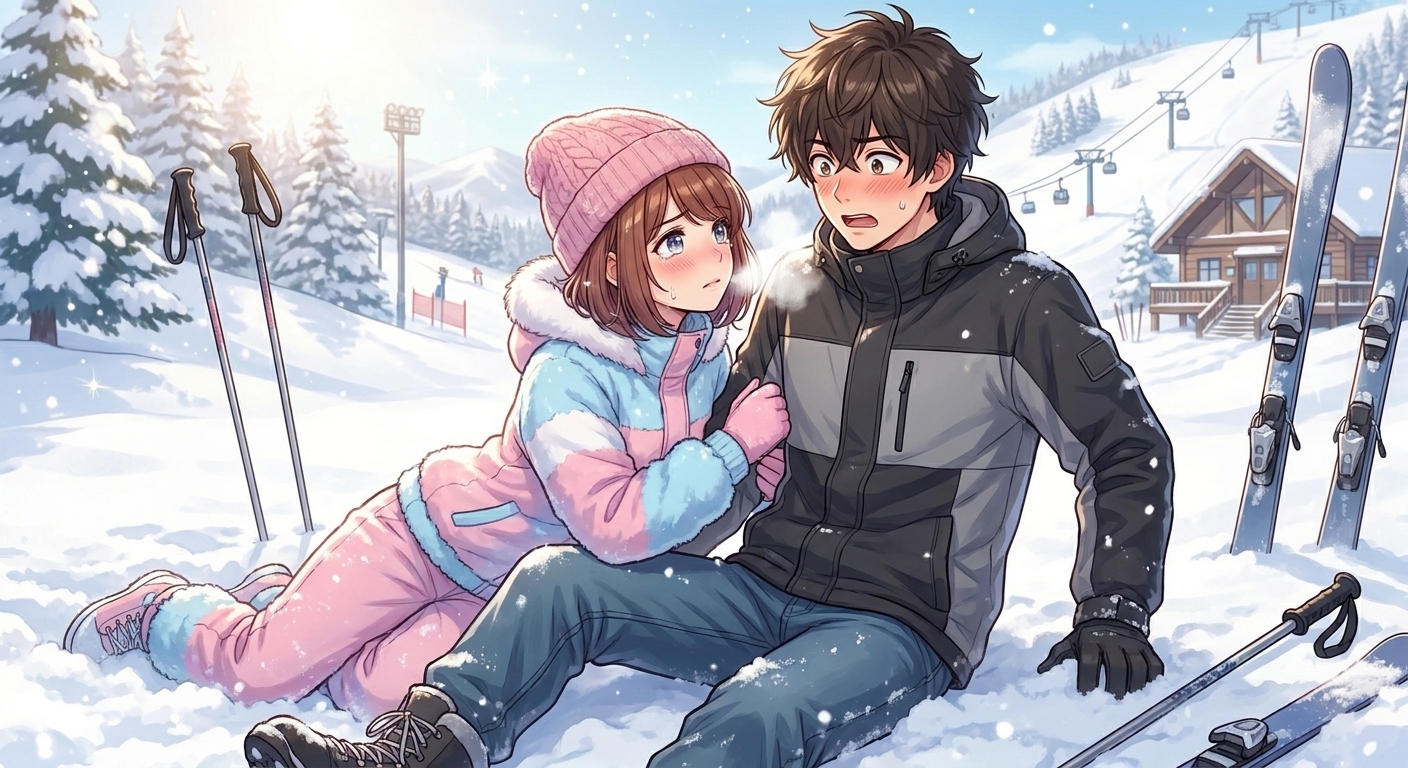 雪山のゲレンデで二人が転倒し、顔が触れ合いそうな距離で見つめ合い、お互いの気持ちを自覚し始めるシーン