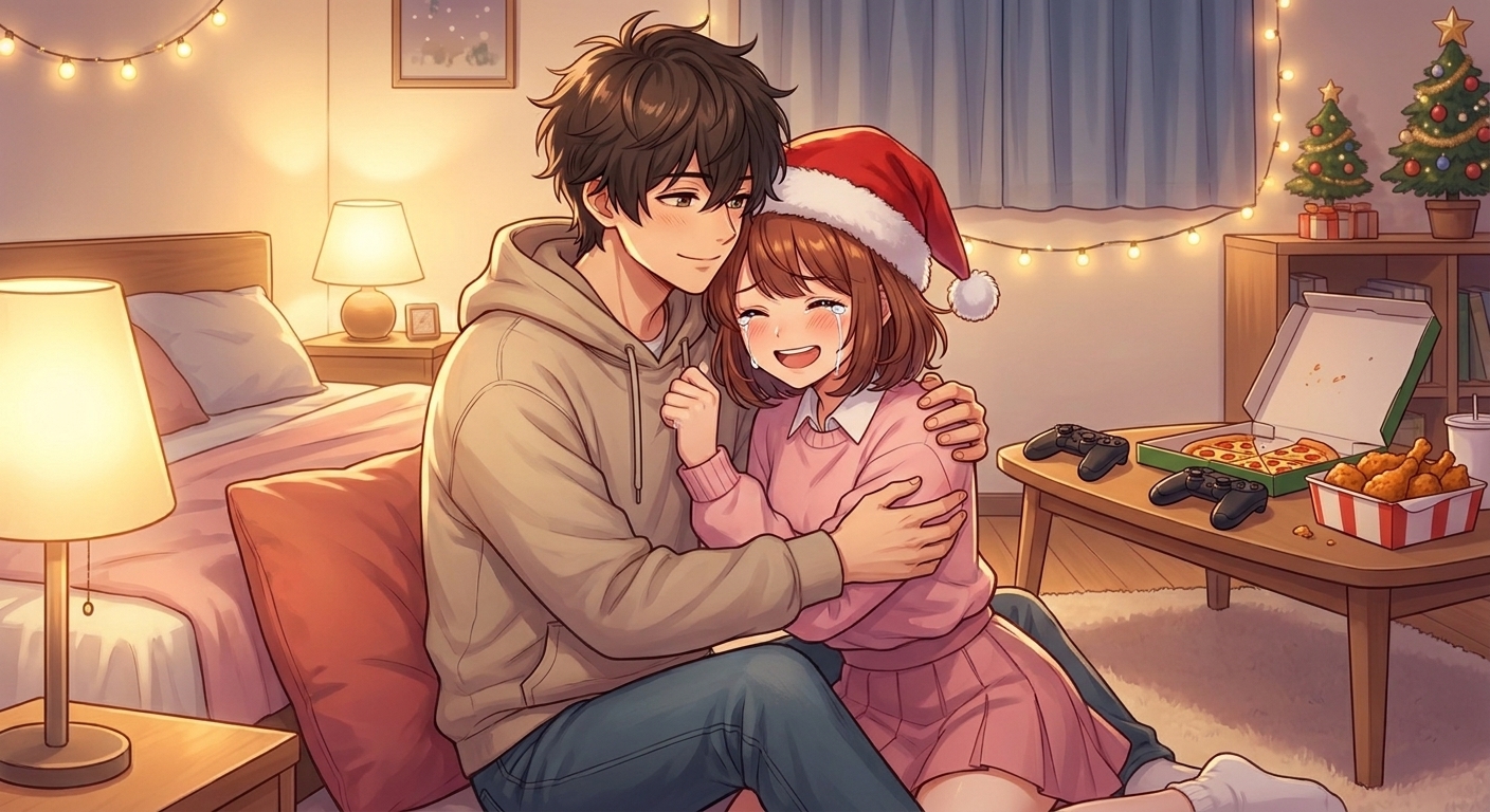 クリスマスイブの夜、悠真からの告白を受けて、涙を流しながら彼に抱きつく結愛の感動的なシーン