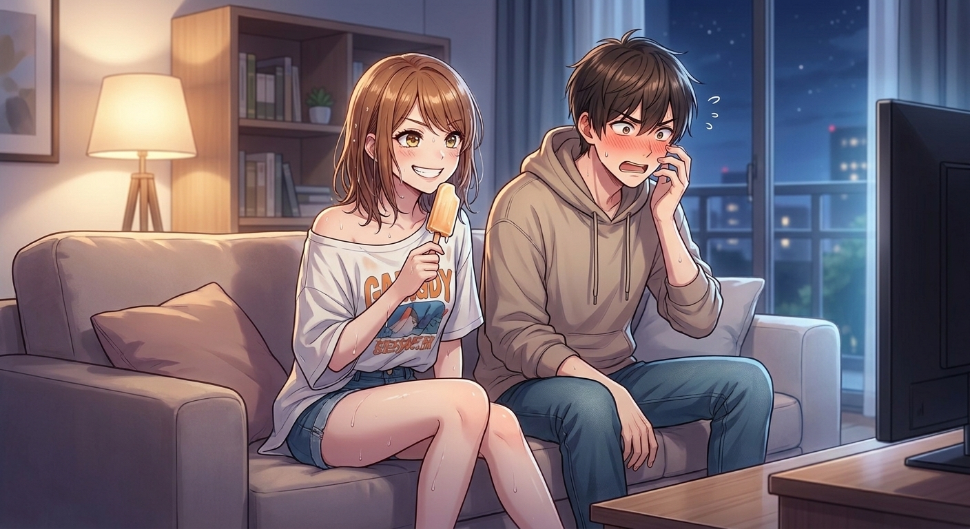 風呂上がりの結衣が無防備な格好（ダボダボのTシャツにショートパンツ、濡れた髪）でソファに座り、透が内心ドギマギしているシーン