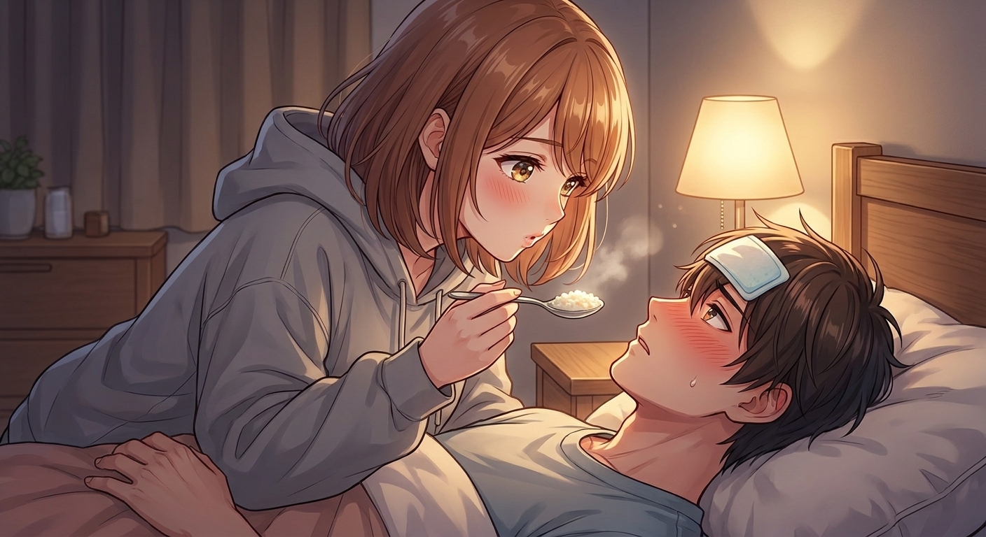 風邪で寝込む透に、結衣が至近距離で真剣にお粥をフーフーと冷まして食べさせようとするシーン