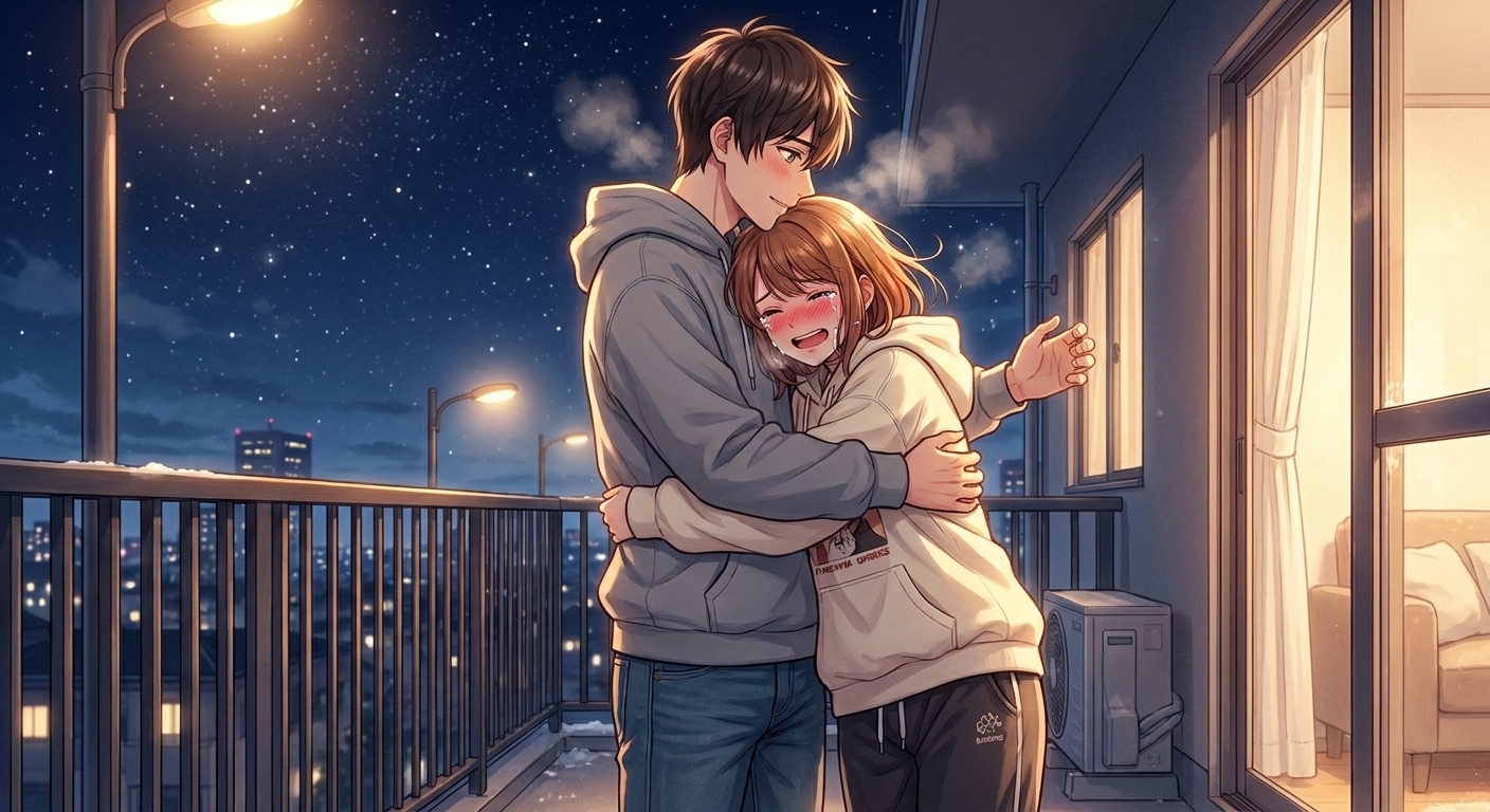 冬の夜のベランダで、両想いだと分かり涙ぐむ結衣を透が強く抱きしめる告白のシーン