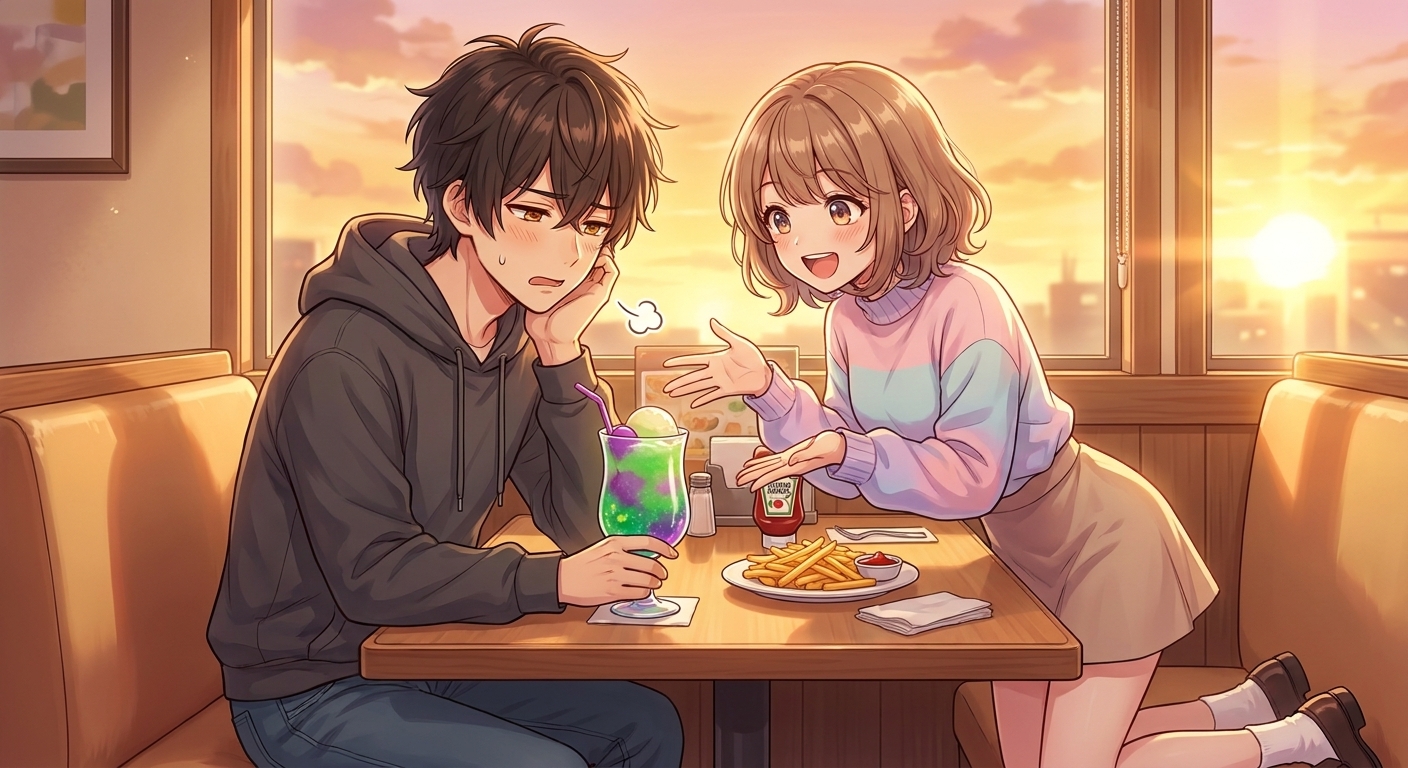 ファミレスで結衣が大げさな身振りで自作の謎ドリンクを悠に勧め、悠が呆れ顔でそれを見るシーン