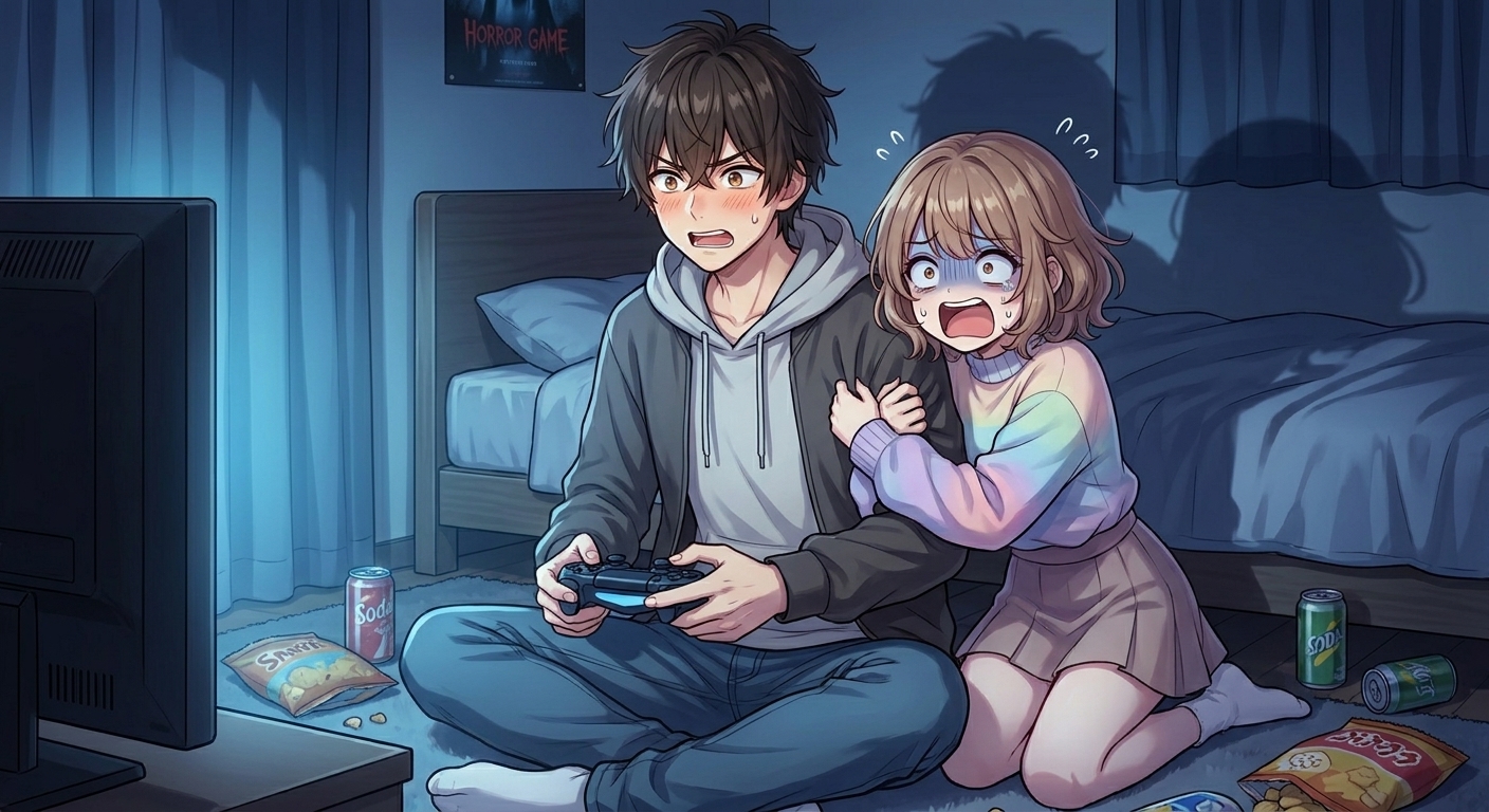 暗い部屋でホラーゲームに驚いた結衣がパニックになって悠の腕にしがみつき、悠がコントローラーを持ちながら動揺するシーン