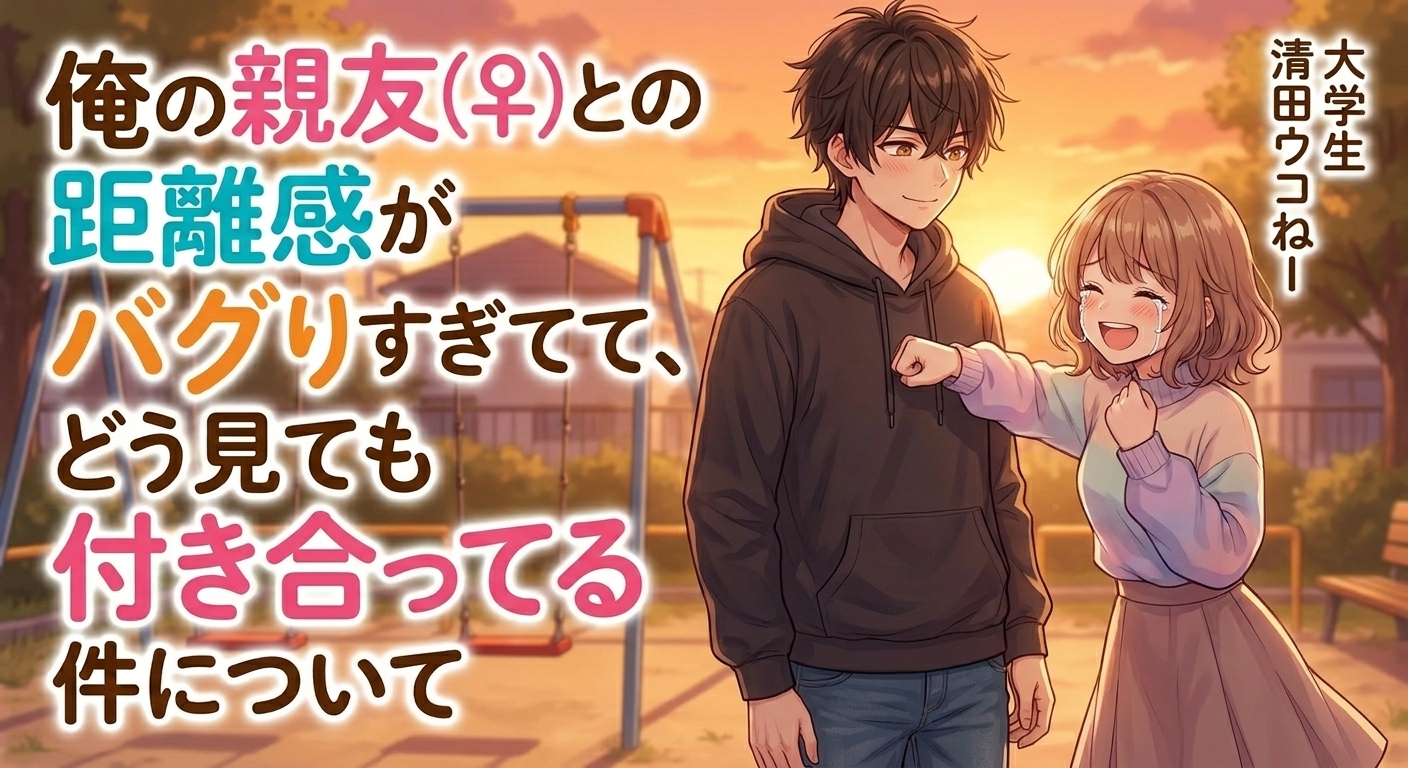 夕暮れの公園のブランコの前で、結衣が涙をこぼしながらも満面の笑みで悠の胸を軽く叩き、二人が両思いになるシーン