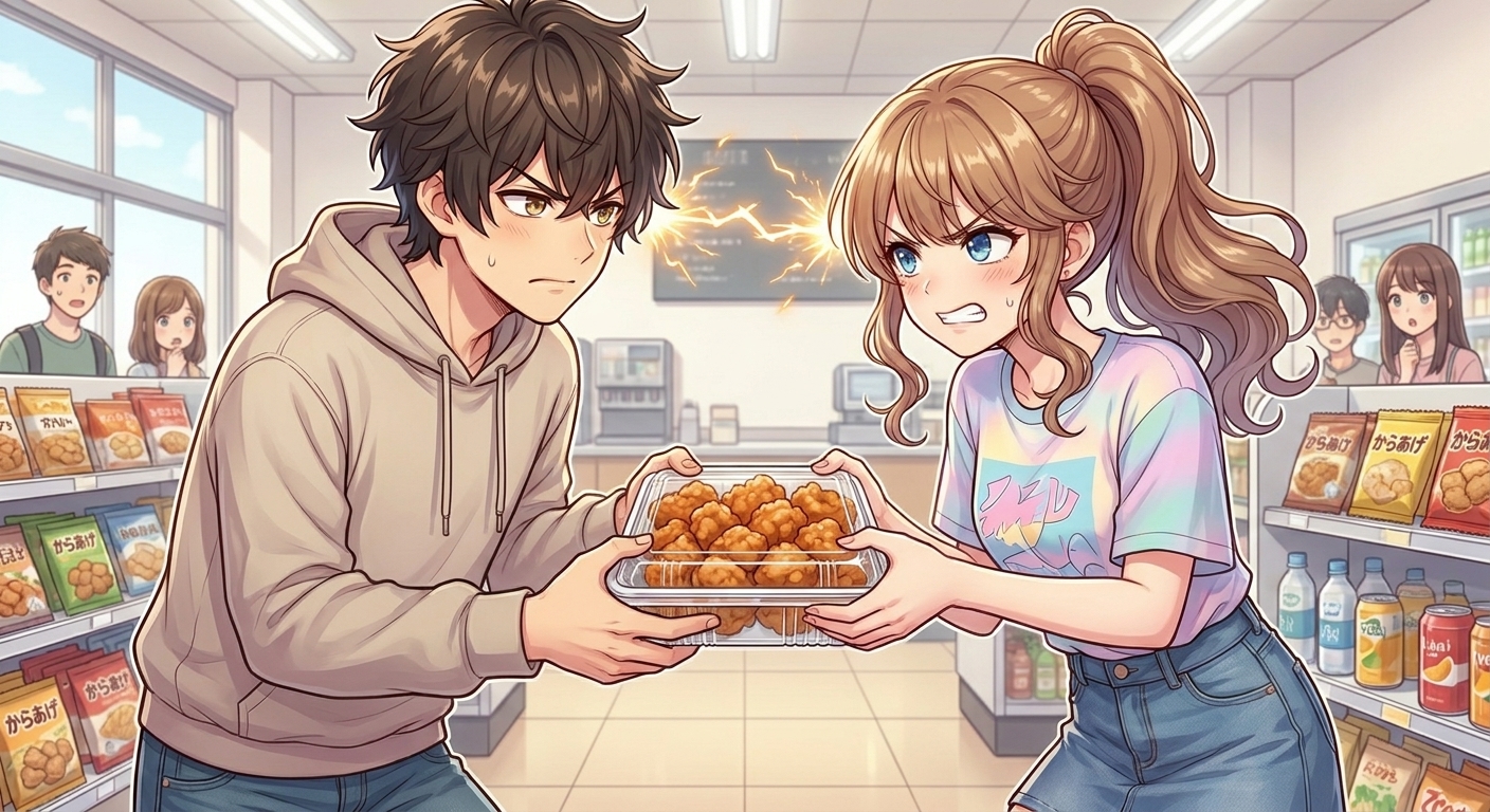 大学の生協で最後の一つの特盛唐揚げ弁当を同時に掴み、互いに譲らず火花を散らす出会いのシーン