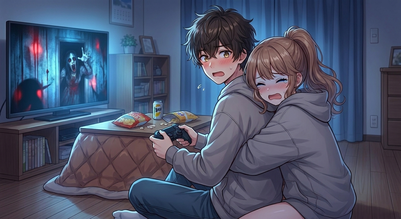 ホラーゲームに驚いた結衣が、ゲーム中の悠馬の背中に全力で抱きつき、悠馬が動揺して顔を赤らめるシーン