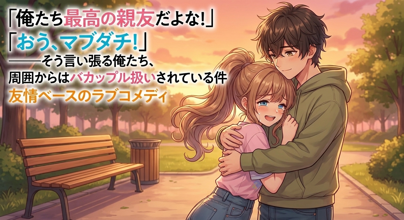 夕暮れの公園での告白直後、涙ぐんだ結衣が悠馬の胸に飛び込んで力強く抱きつき合う感動のシーン